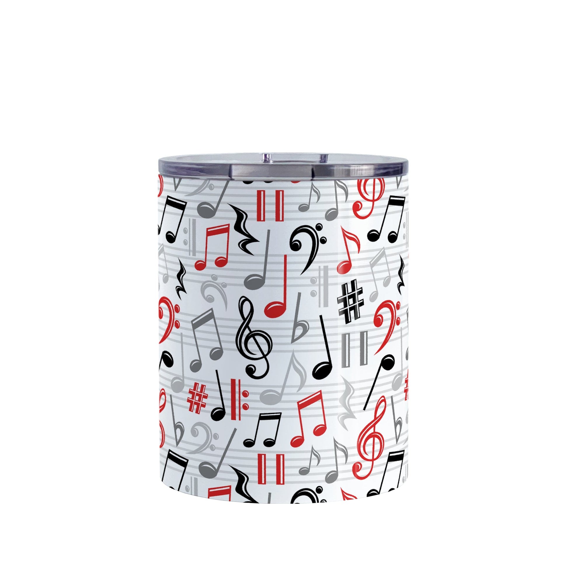 Red Music Notes Pattern Tumbler Cup (10oz) at Amy's Coffee Mugs. A stainless steel tumbler cup designed with music notes and symbols in red, black, and gray in a pattern that wraps around the cup.