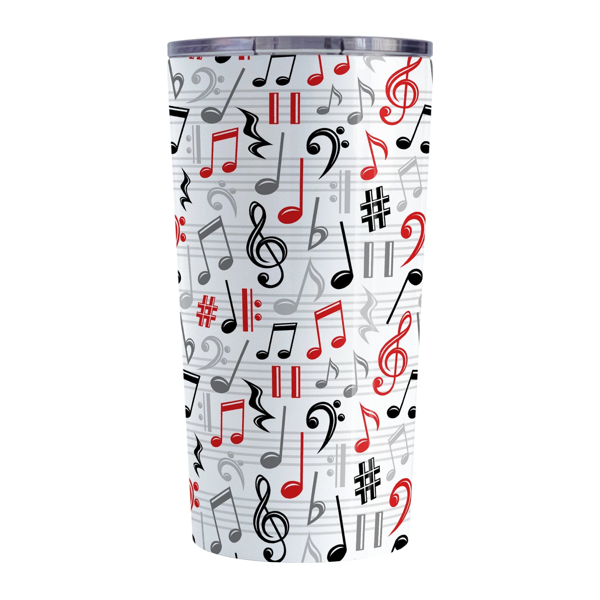 Red Music Notes Pattern Tumbler Cup (20oz) at Amy's Coffee Mugs. A stainless steel tumbler cup designed with music notes and symbols in red, black, and gray in a pattern that wraps around the cup.