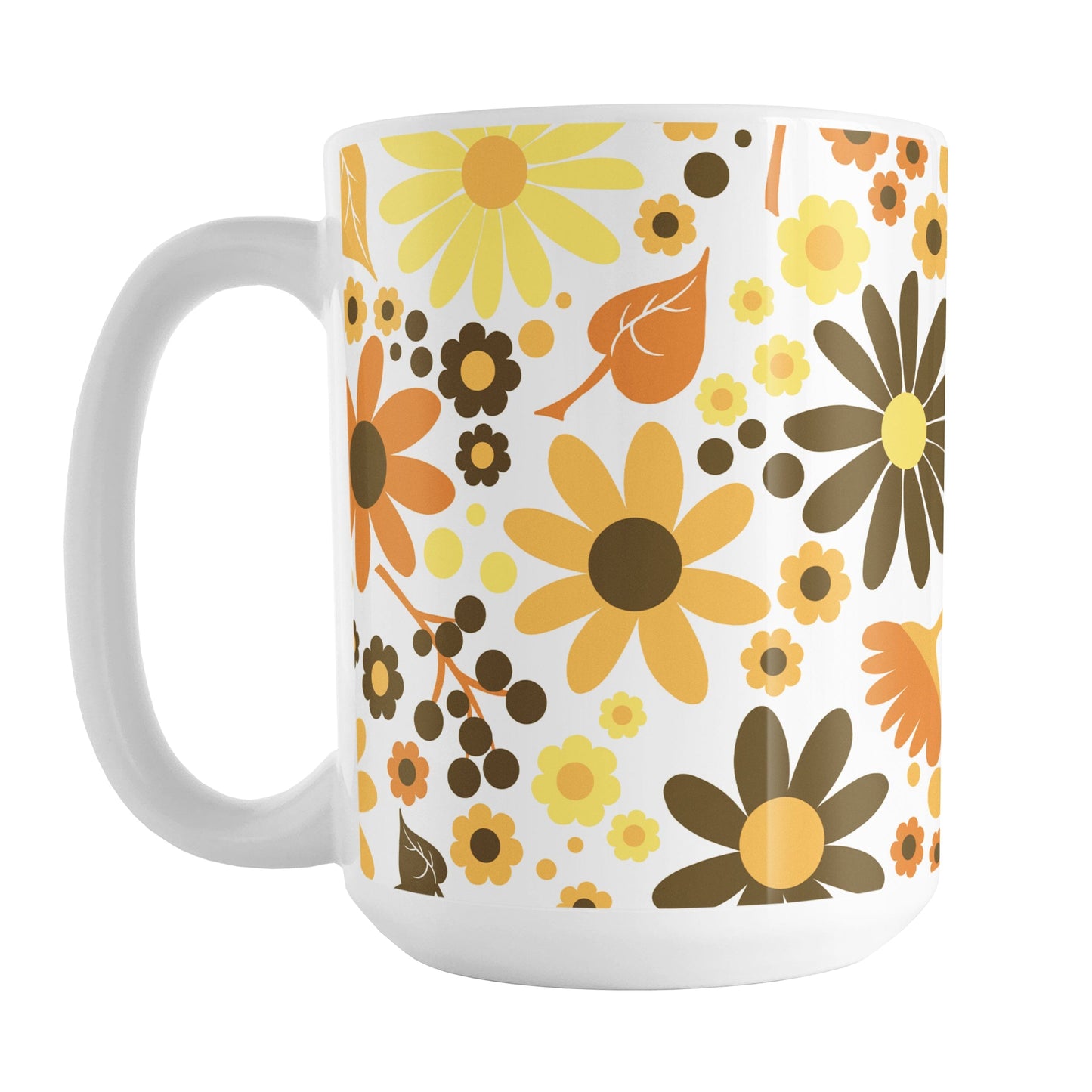 15oz white mug with a floral pattern featuring orange, yellow, and brown flowers