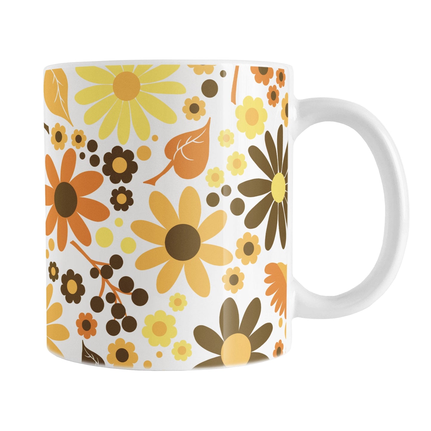 11oz white mug with a floral pattern featuring orange, yellow, and brown flowers