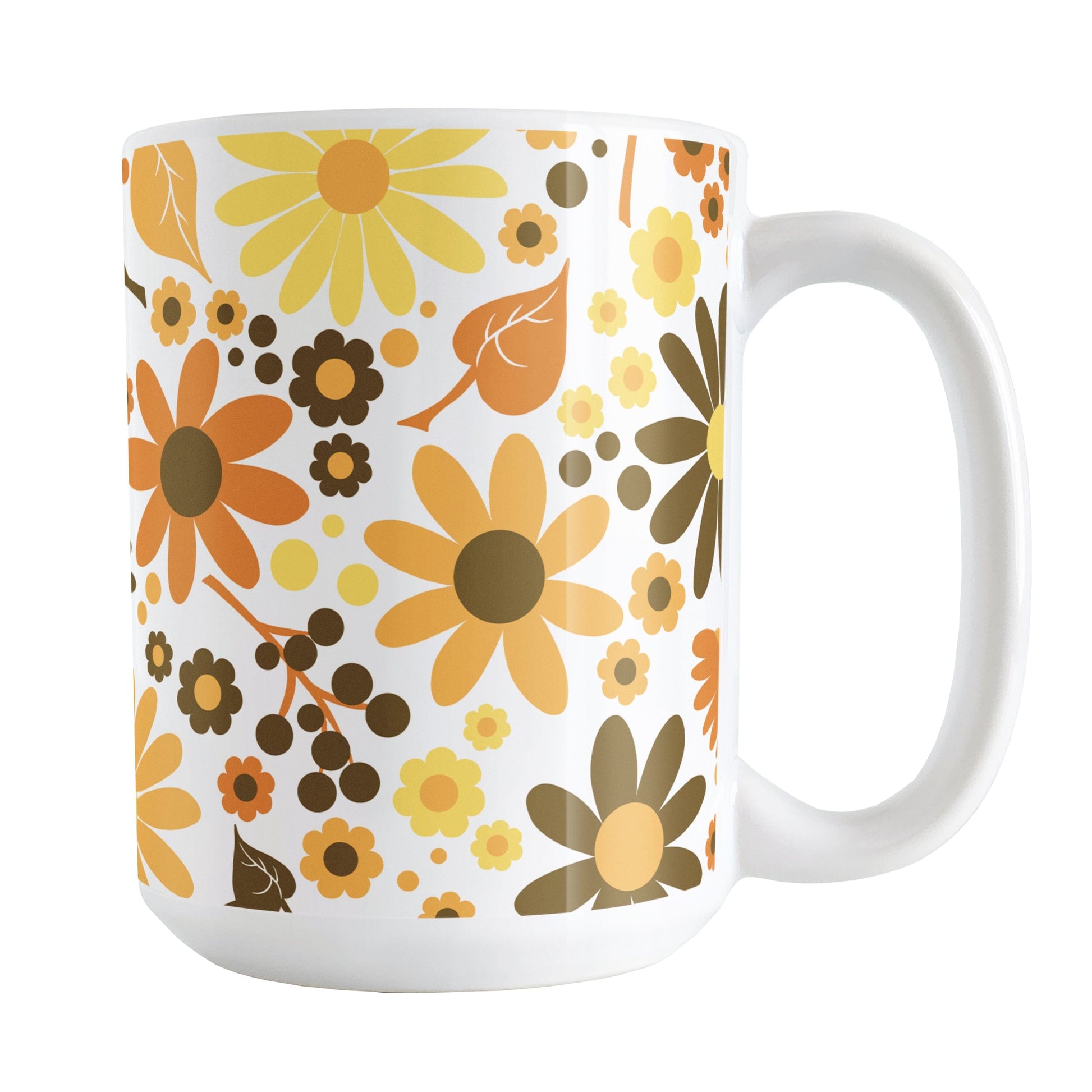 15oz white mug with a floral pattern featuring orange, yellow, and brown flowers