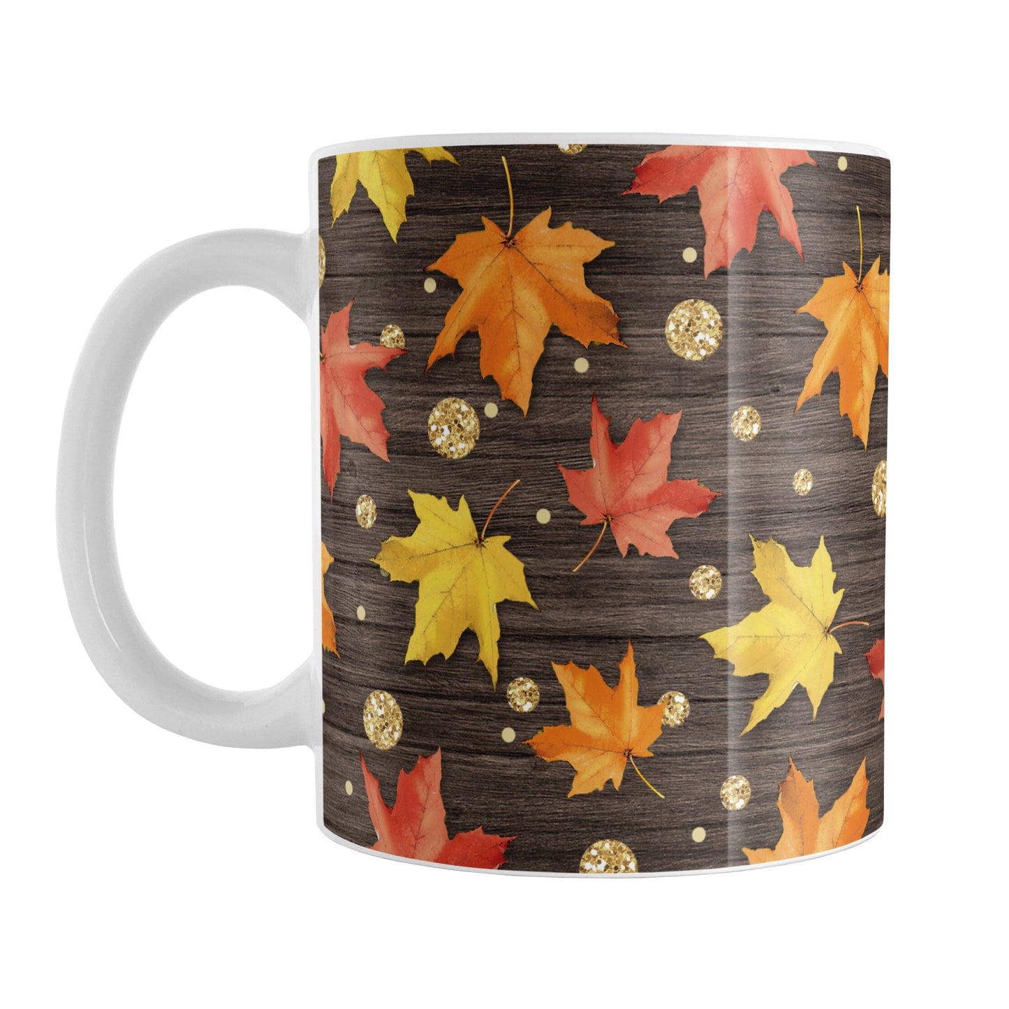 Rustic Wood Falling Leaves Autumn Mug (11oz) at Amy's Coffee Mugs. A fall-inspired ceramic mug featuring leaves in orange, red, and yellow, with gold-colored circles, spread out in a falling pattern over a rich, dark brown wood background design that wraps around the mug up to the handle.