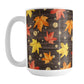 Rustic Wood Falling Leaves Autumn Mug (15oz) at Amy's Coffee Mugs. A fall-inspired ceramic mug featuring leaves in orange, red, and yellow, with gold-colored circles, spread out in a falling pattern over a rich, dark brown wood background design that wraps around the mug up to the handle.