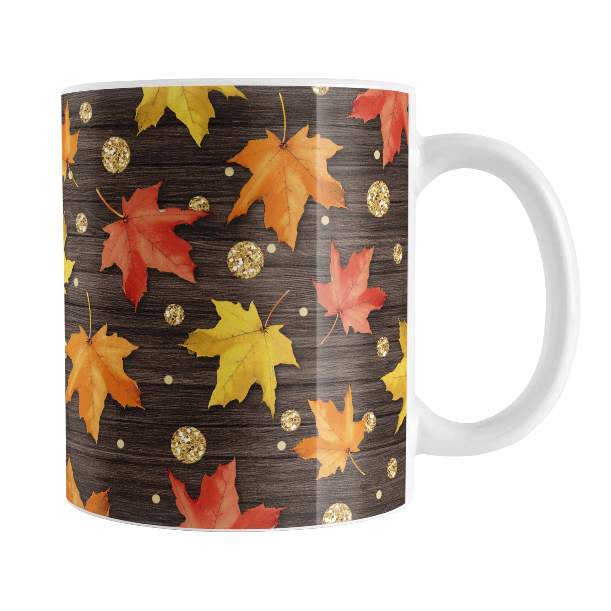 Rustic Wood Falling Leaves Autumn Mug (11oz) at Amy's Coffee Mugs. A fall-inspired ceramic mug featuring leaves in orange, red, and yellow, with gold-colored circles, spread out in a falling pattern over a rich, dark brown wood background design that wraps around the mug up to the handle.