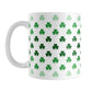 Shamrocks in Green Mug (11oz) at Amy's Coffee Mugs. A ceramic coffee mug designed with shamrocks (or clovers) in different shades of green, with the darker green color across the middle and the lighter green along the top and bottom, in a pattern that wraps around the mug to the handle.