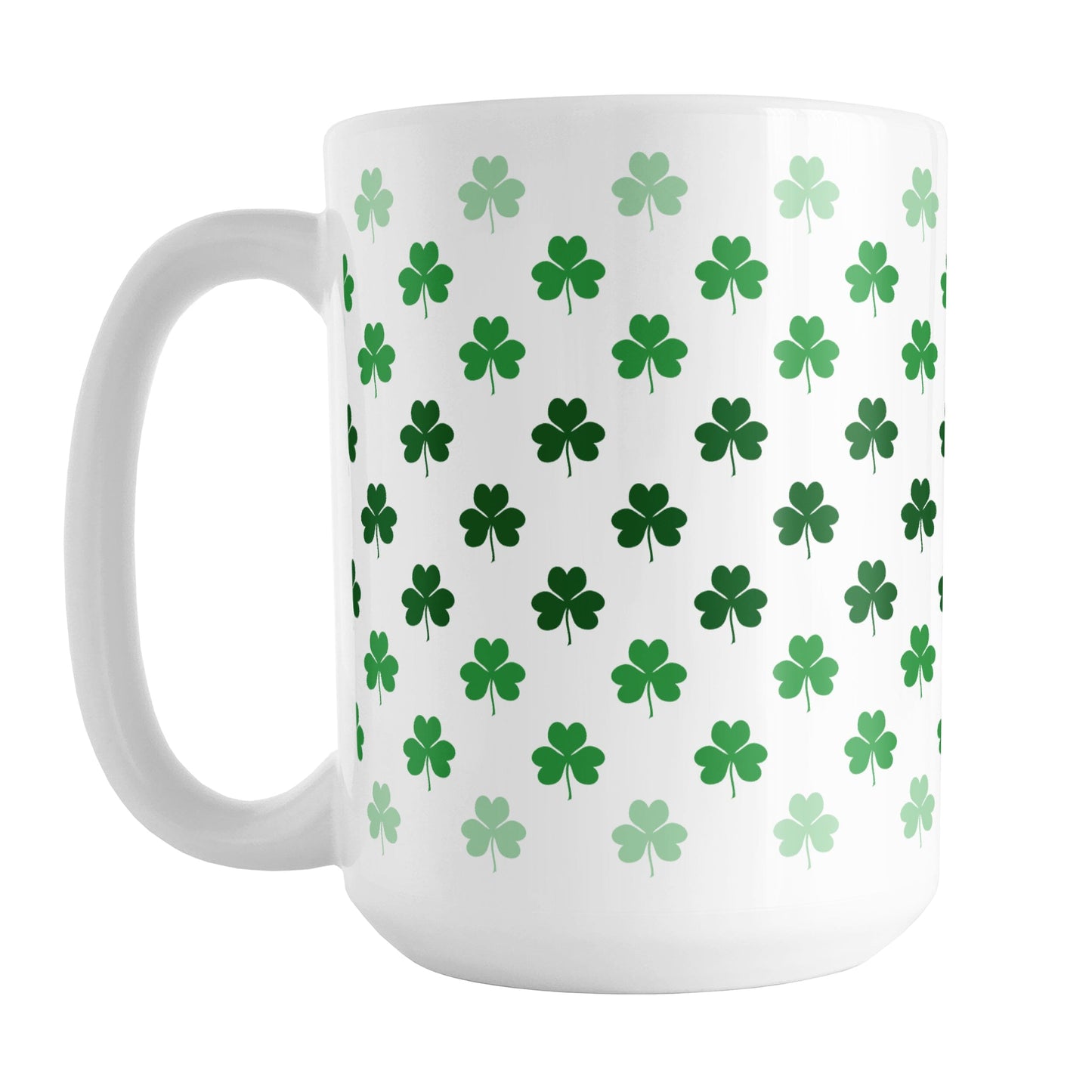 Shamrocks in Green Mug (15oz) at Amy's Coffee Mugs. A ceramic coffee mug designed with shamrocks (or clovers) in different shades of green, with the darker green color across the middle and the lighter green along the top and bottom, in a pattern that wraps around the mug to the handle.