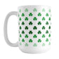 Shamrocks in Green Mug (15oz) at Amy's Coffee Mugs. A ceramic coffee mug designed with shamrocks (or clovers) in different shades of green, with the darker green color across the middle and the lighter green along the top and bottom, in a pattern that wraps around the mug to the handle.