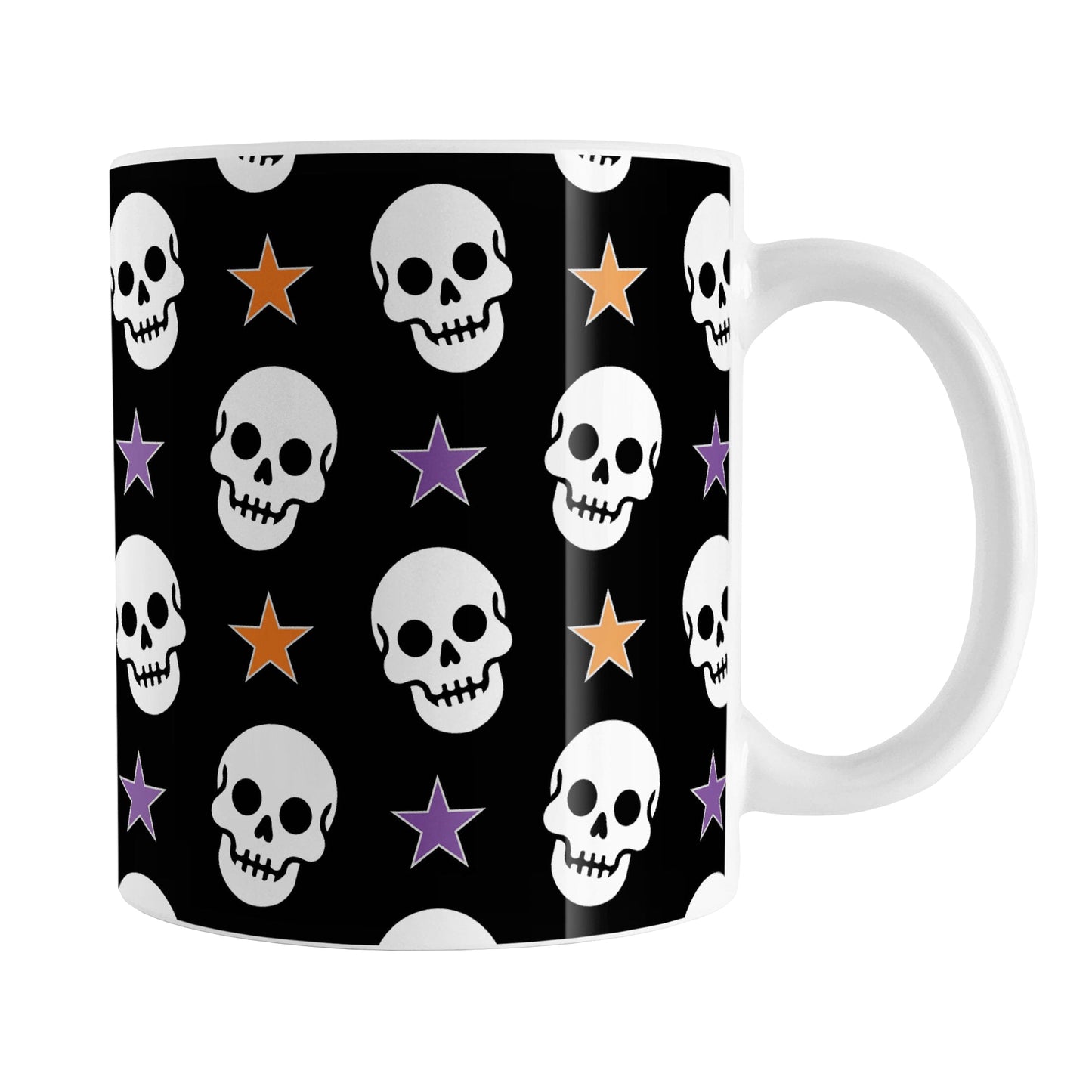 Skulls and Stars Halloween Mug (11oz) at Amy's Coffee Mugs. A ceramic coffee mug designed with white skulls and stars in orange and purple over a black background color in a pattern that wraps around the mug to the handle.