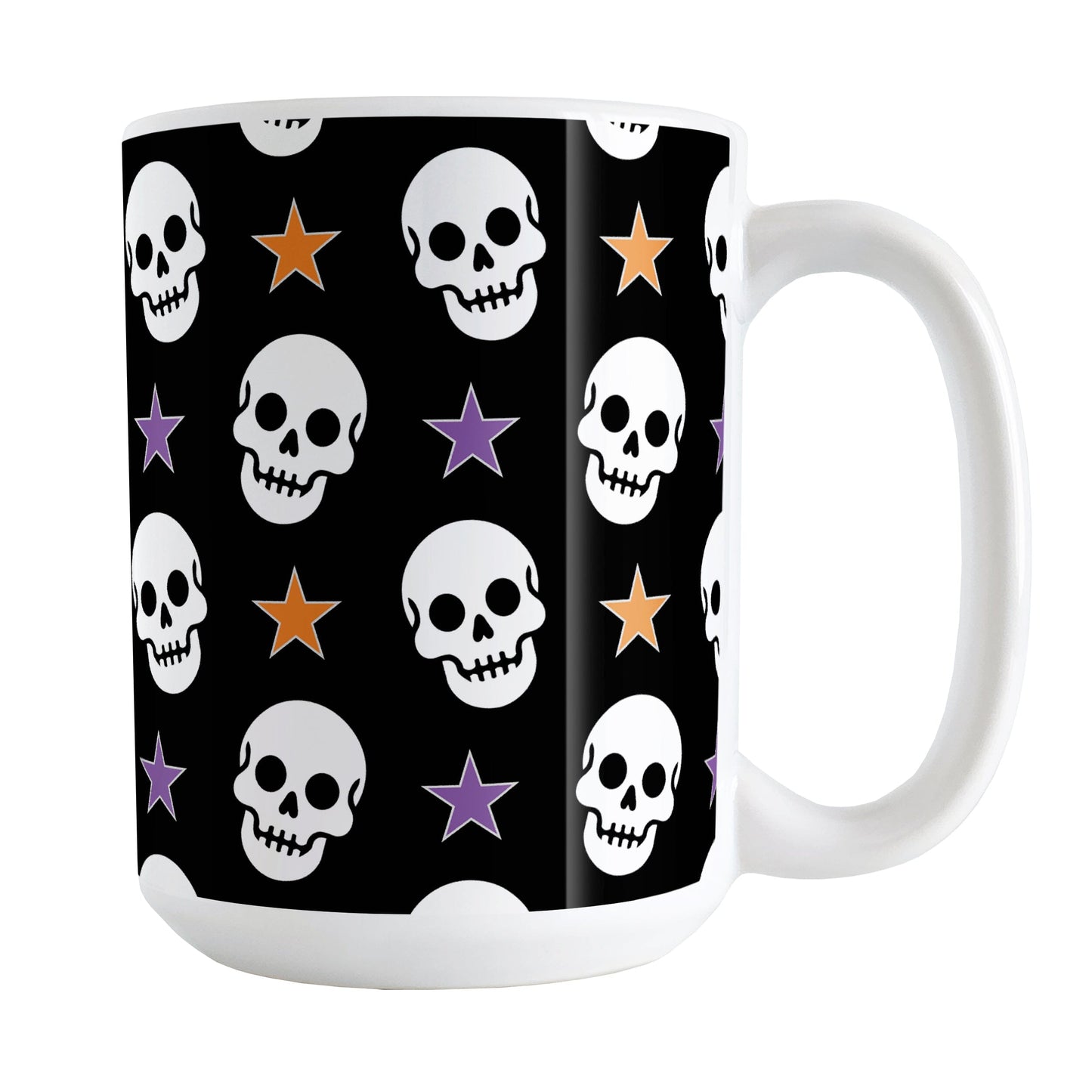 Skulls and Stars Halloween Mug (15oz) at Amy's Coffee Mugs. A ceramic coffee mug designed with white skulls and stars in orange and purple over a black background color in a pattern that wraps around the mug to the handle.