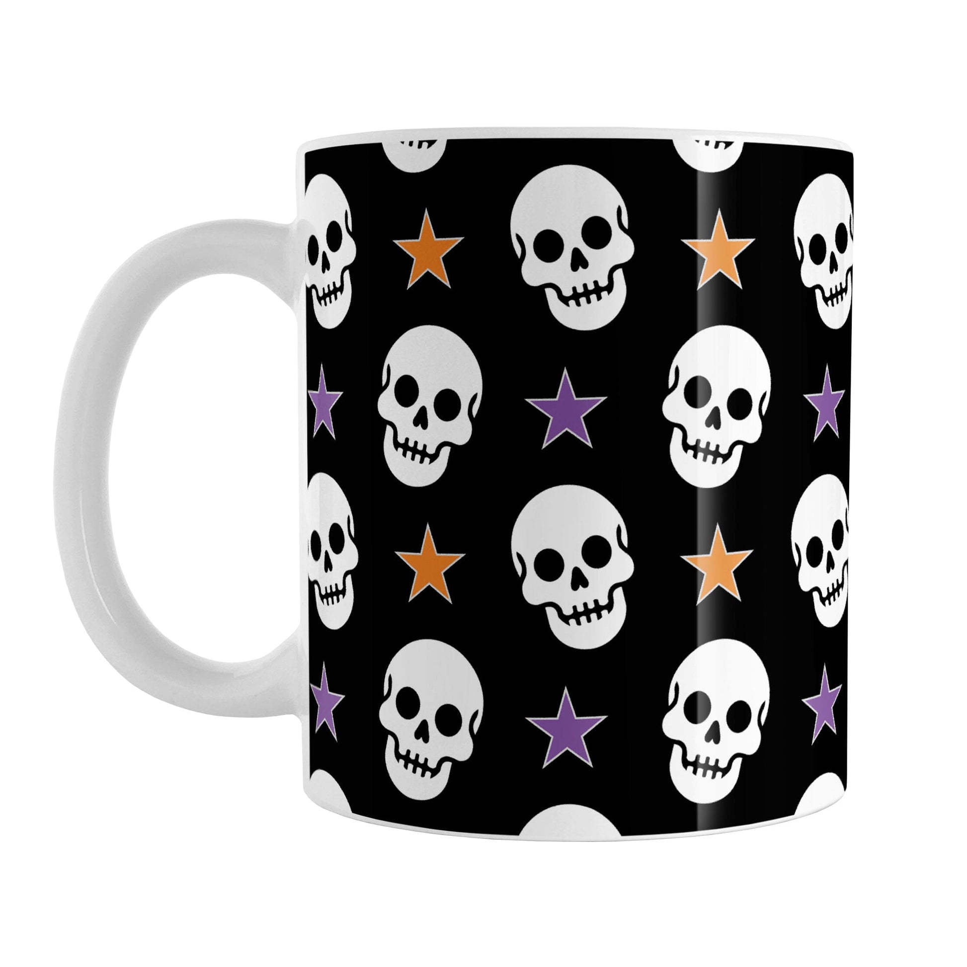 Skulls and Stars Halloween Mug (11oz) at Amy's Coffee Mugs. A ceramic coffee mug designed with white skulls and stars in orange and purple over a black background color in a pattern that wraps around the mug to the handle.