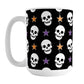 Skulls and Stars Halloween Mug (15oz) at Amy's Coffee Mugs. A ceramic coffee mug designed with white skulls and stars in orange and purple over a black background color in a pattern that wraps around the mug to the handle.