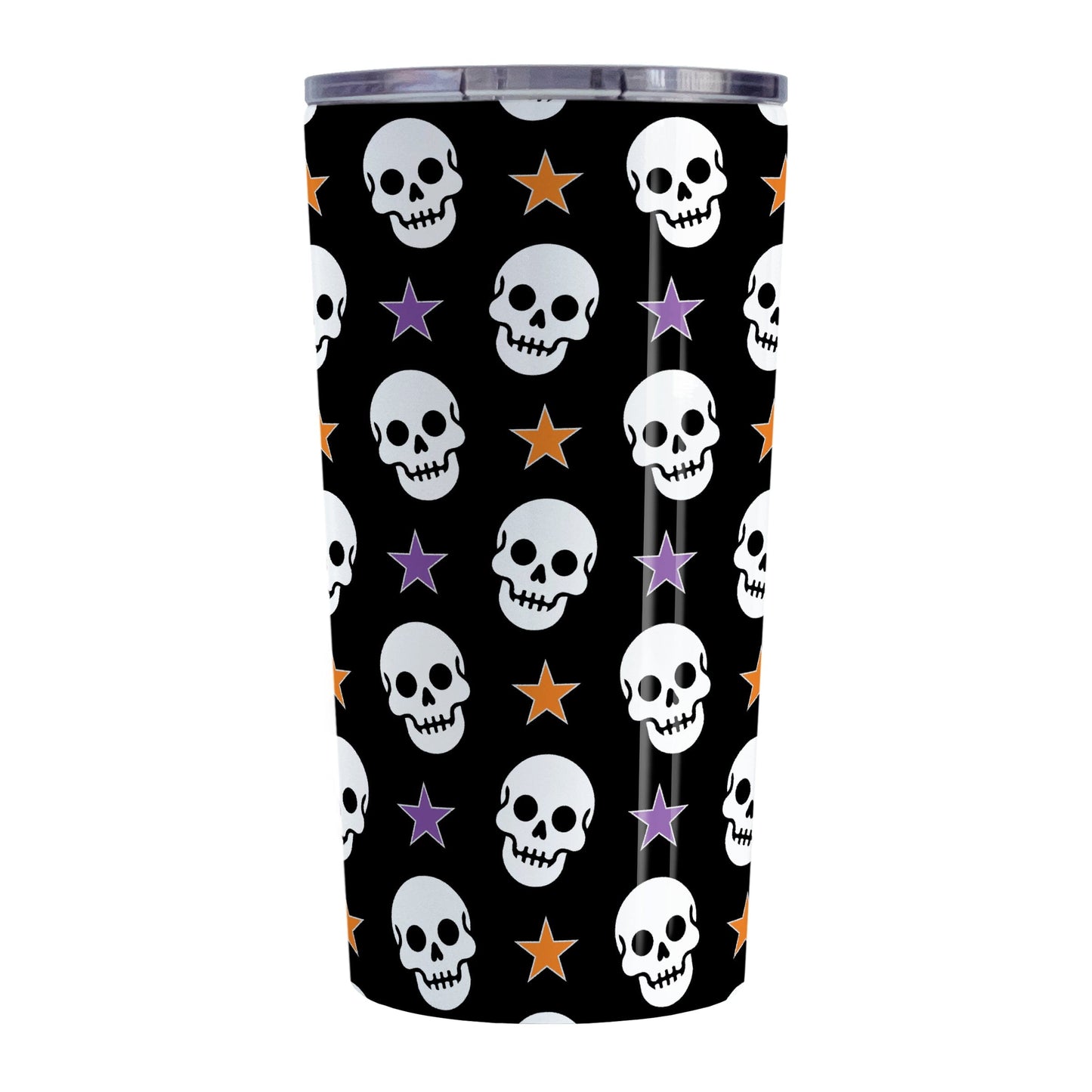 Skulls and Stars Halloween Tumbler Cup (20oz) at Amy's Coffee Mugs. A tumbelr cup designed with white skulls and stars in orange and purple over a black background color in a pattern that wraps around the cup.