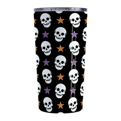 Skulls and Stars Halloween Tumbler Cup (20oz) at Amy's Coffee Mugs. A tumbelr cup designed with white skulls and stars in orange and purple over a black background color in a pattern that wraps around the cup.