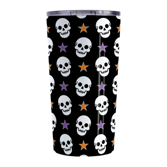 Skulls and Stars Halloween Tumbler Cup (20oz) at Amy's Coffee Mugs. A tumbelr cup designed with white skulls and stars in orange and purple over a black background color in a pattern that wraps around the cup.