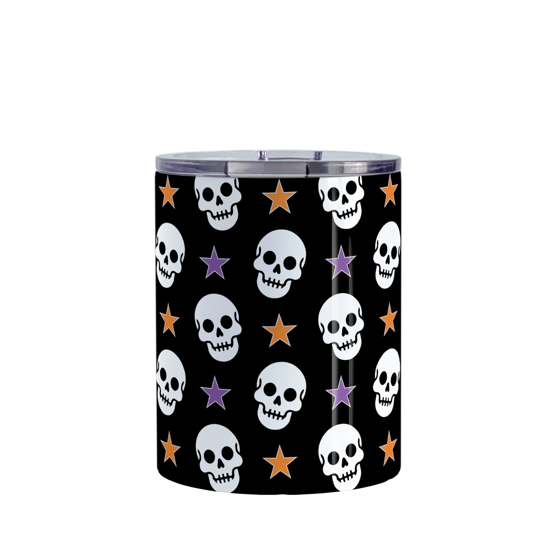 Skulls and Stars Halloween Tumbler Cup (10oz) at Amy's Coffee Mugs. A tumbelr cup designed with white skulls and stars in orange and purple over a black background color in a pattern that wraps around the cup.