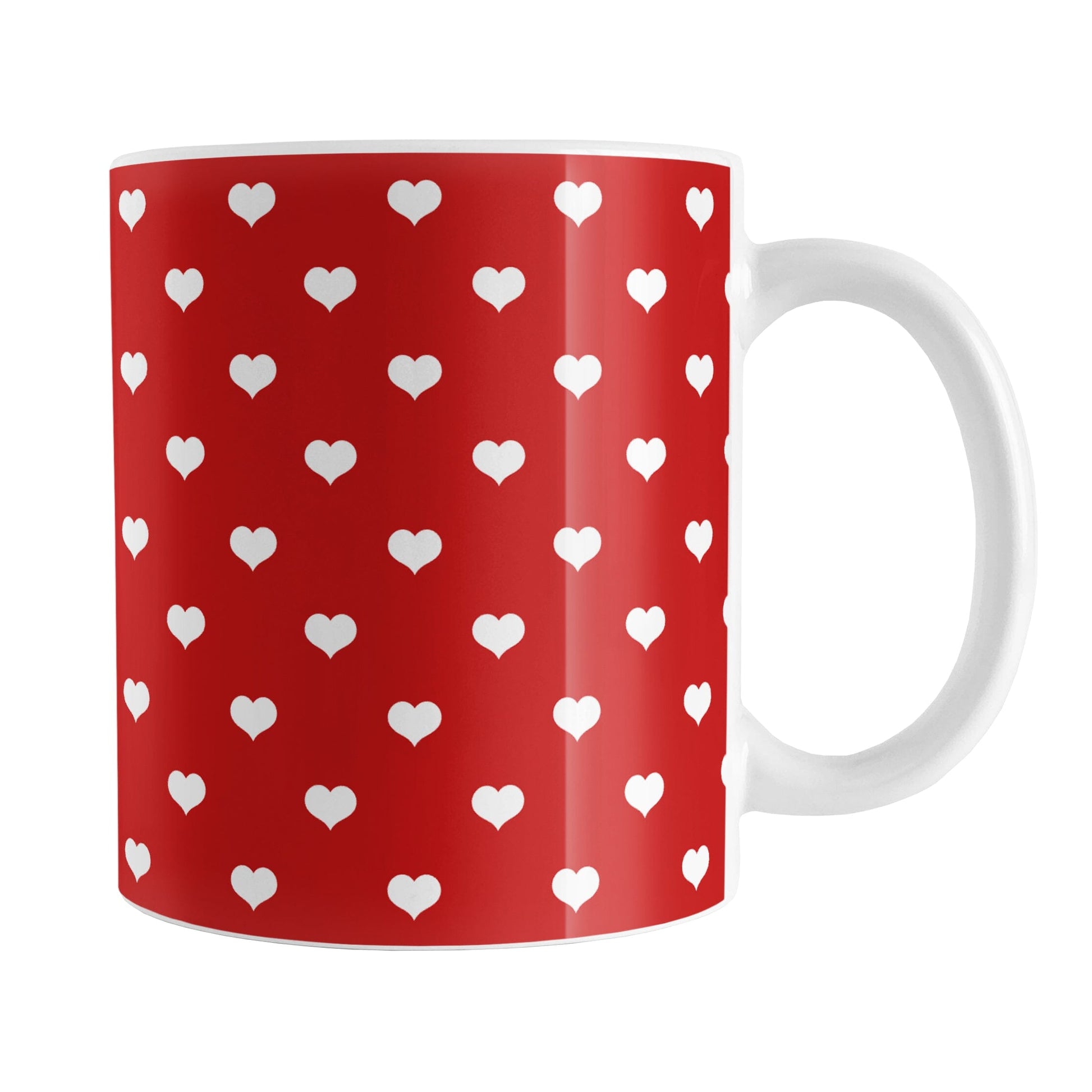 Small White Hearts Pattern Red Mug (11oz) at Amy's Coffee Mugs. A ceramic coffee mug designed with a pattern of small white hearts over a red background color that wraps around the mug to the handle. It's the perfect mug for anyone who loves hearts and the color red.