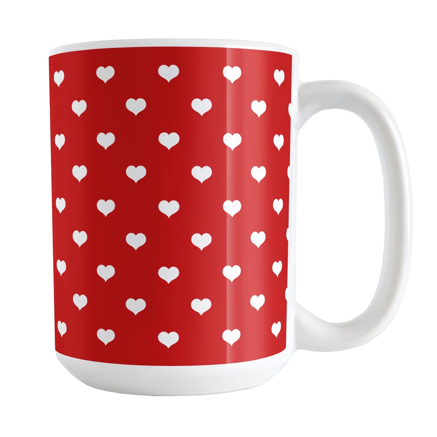 Small White Hearts Pattern Red Mug (15oz) at Amy's Coffee Mugs. A ceramic coffee mug designed with a pattern of small white hearts over a red background color that wraps around the mug to the handle. It's the perfect mug for anyone who loves hearts and the color red.