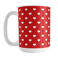 Small White Hearts Pattern Red Mug (15oz) at Amy's Coffee Mugs. A ceramic coffee mug designed with a pattern of small white hearts over a red background color that wraps around the mug to the handle. It's the perfect mug for anyone who loves hearts and the color red.