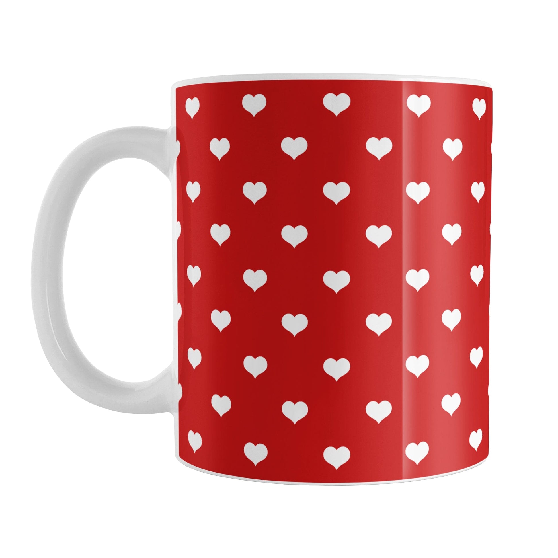 Small White Hearts Pattern Red Mug (11oz) at Amy's Coffee Mugs. A ceramic coffee mug designed with a pattern of small white hearts over a red background color that wraps around the mug to the handle. It's the perfect mug for anyone who loves hearts and the color red.