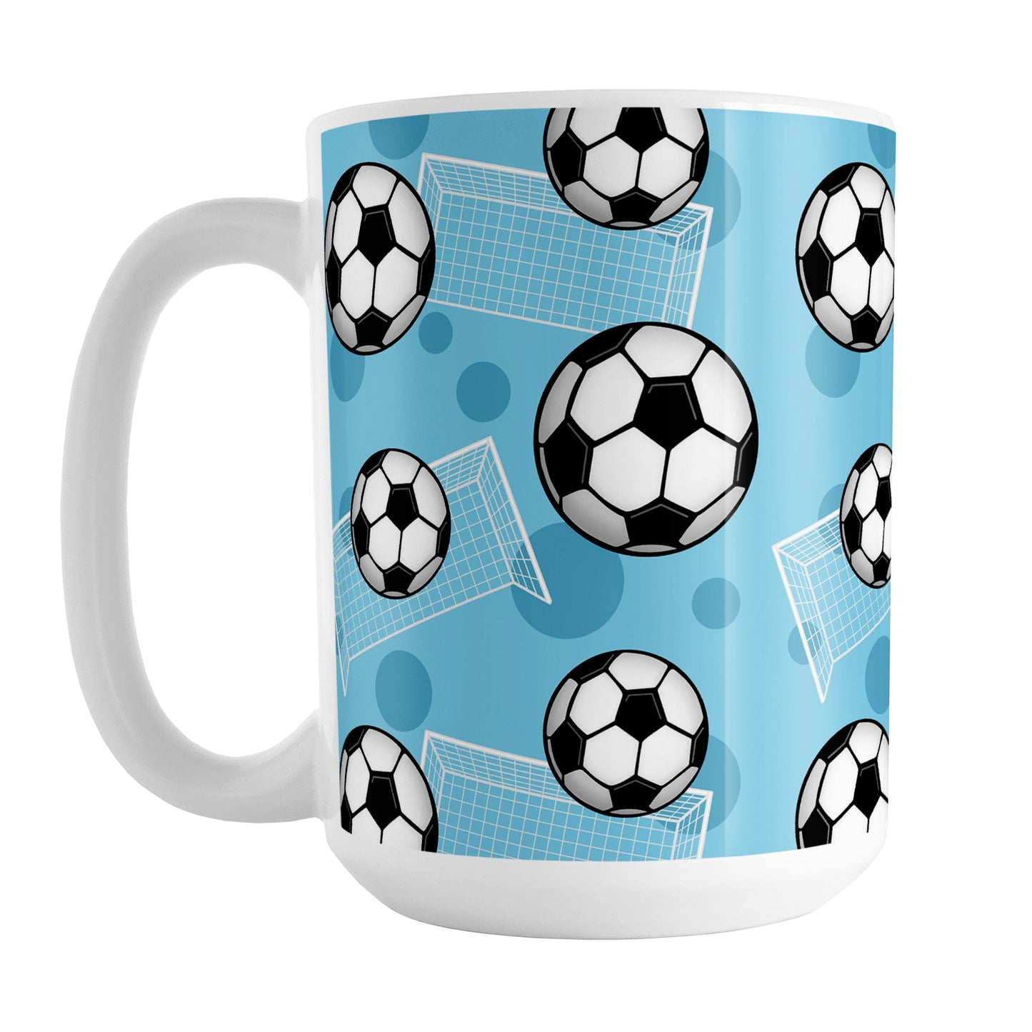 Soccer Ball and Goal Pattern Blue Mug (15oz) at Amy's Coffee Mugs. A ceramic coffee mug designed with a pattern of soccer balls and soccer goals over a blue background color with blue circles. 