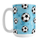 Soccer Ball and Goal Pattern Blue Mug (15oz) at Amy's Coffee Mugs. A ceramic coffee mug designed with a pattern of soccer balls and soccer goals over a blue background color with blue circles. 