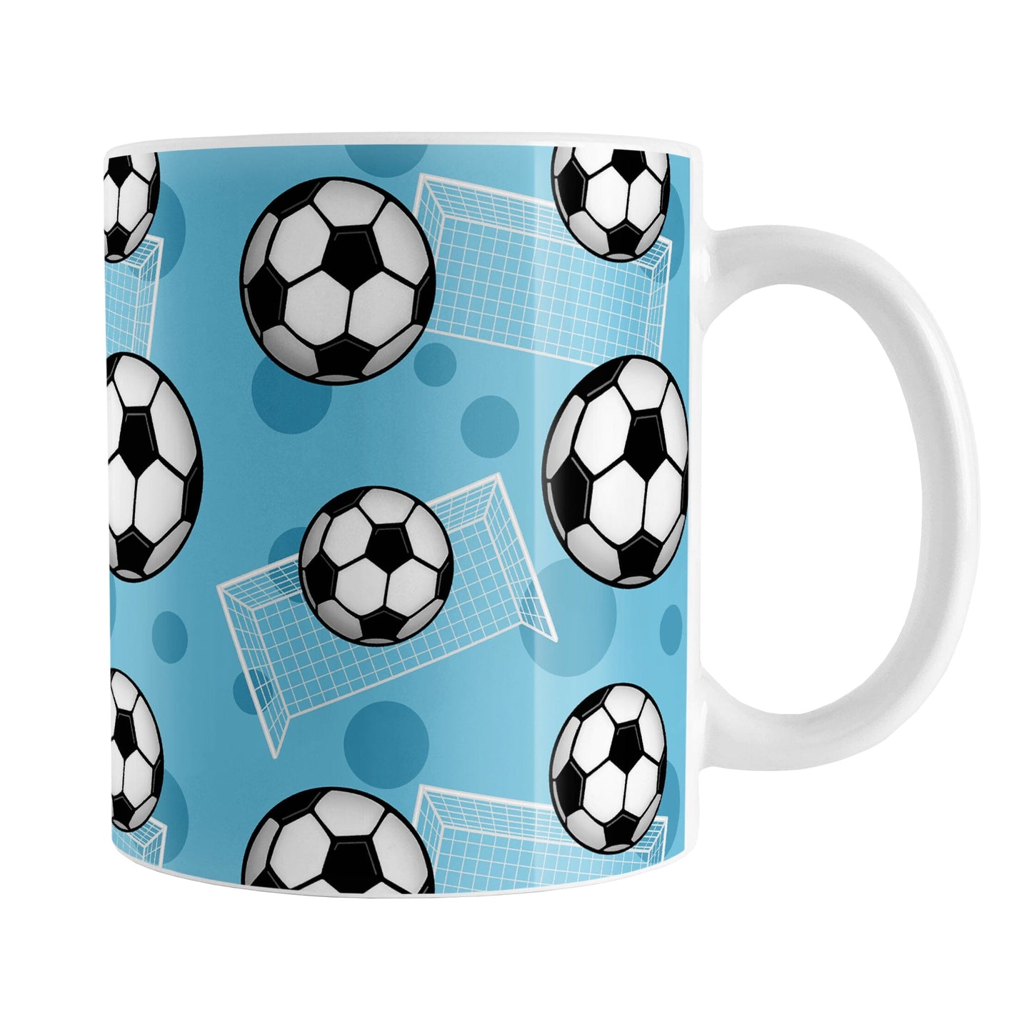 Soccer Ball and Goal Pattern Blue Mug (11oz) at Amy's Coffee Mugs. A ceramic coffee mug designed with a pattern of soccer balls and soccer goals over a blue background color with blue circles. 