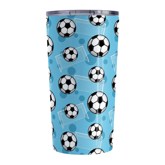 Soccer Ball and Goal Pattern Blue Tumbler Cup (20oz) at Amy's Coffee Mugs. A stainless steel insulated tumbler cup designed with a pattern of soccer balls and goals over a blue background that wraps around the cup. This blue soccer tumbler cup is perfect for people who love or play soccer.