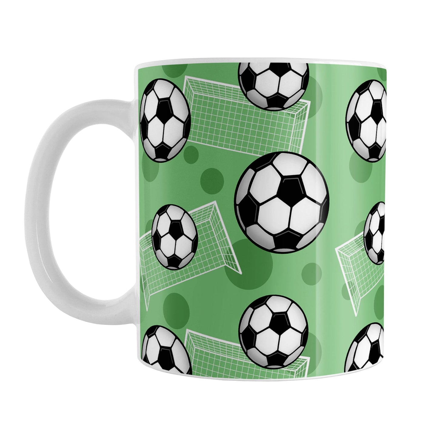 Soccer Ball and Goal Pattern Green Mug (11oz) at Amy's Coffee Mugs. A ceramic coffee mug designed with a pattern of soccer balls and soccer goals over a green background color with green circles. 