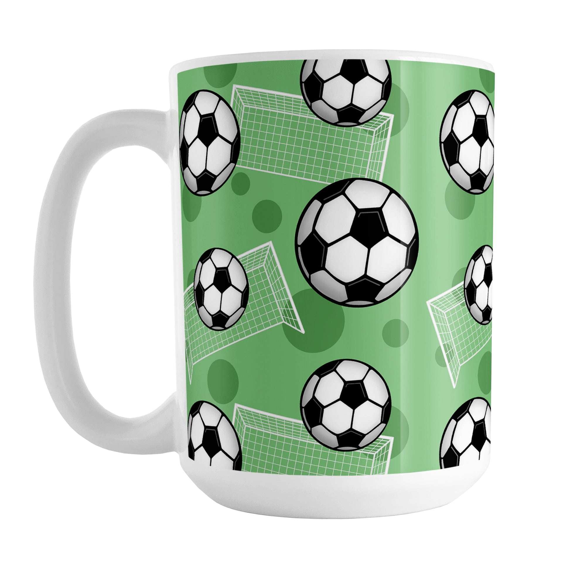 Soccer Ball and Goal Pattern Green Mug (15oz) at Amy's Coffee Mugs. A ceramic coffee mug designed with a pattern of soccer balls and soccer goals over a green background color with green circles. 