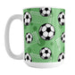 Soccer Ball and Goal Pattern Green Mug (15oz) at Amy's Coffee Mugs. A ceramic coffee mug designed with a pattern of soccer balls and soccer goals over a green background color with green circles. 