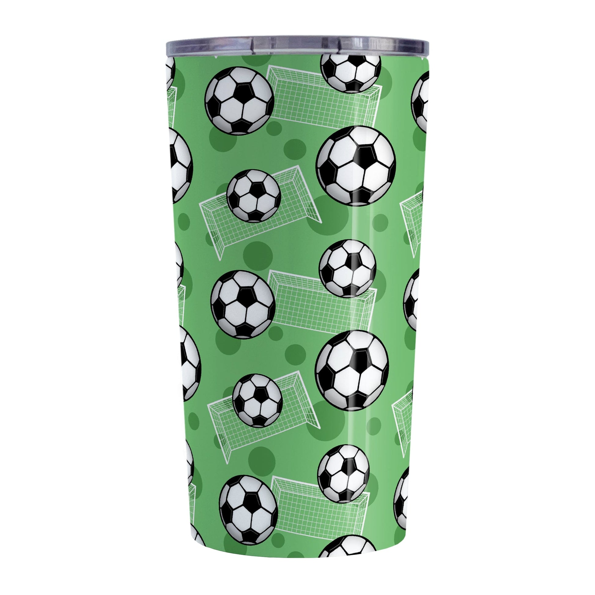 Soccer Ball and Goal Pattern Green Tumbler Cup (20oz) at Amy's Coffee Mugs. A stainless steel insulated tumbler cup designed with a pattern of soccer balls and goals over a green background that wraps around the cup. This green soccer tumbler cup is perfect for people who love or play soccer.