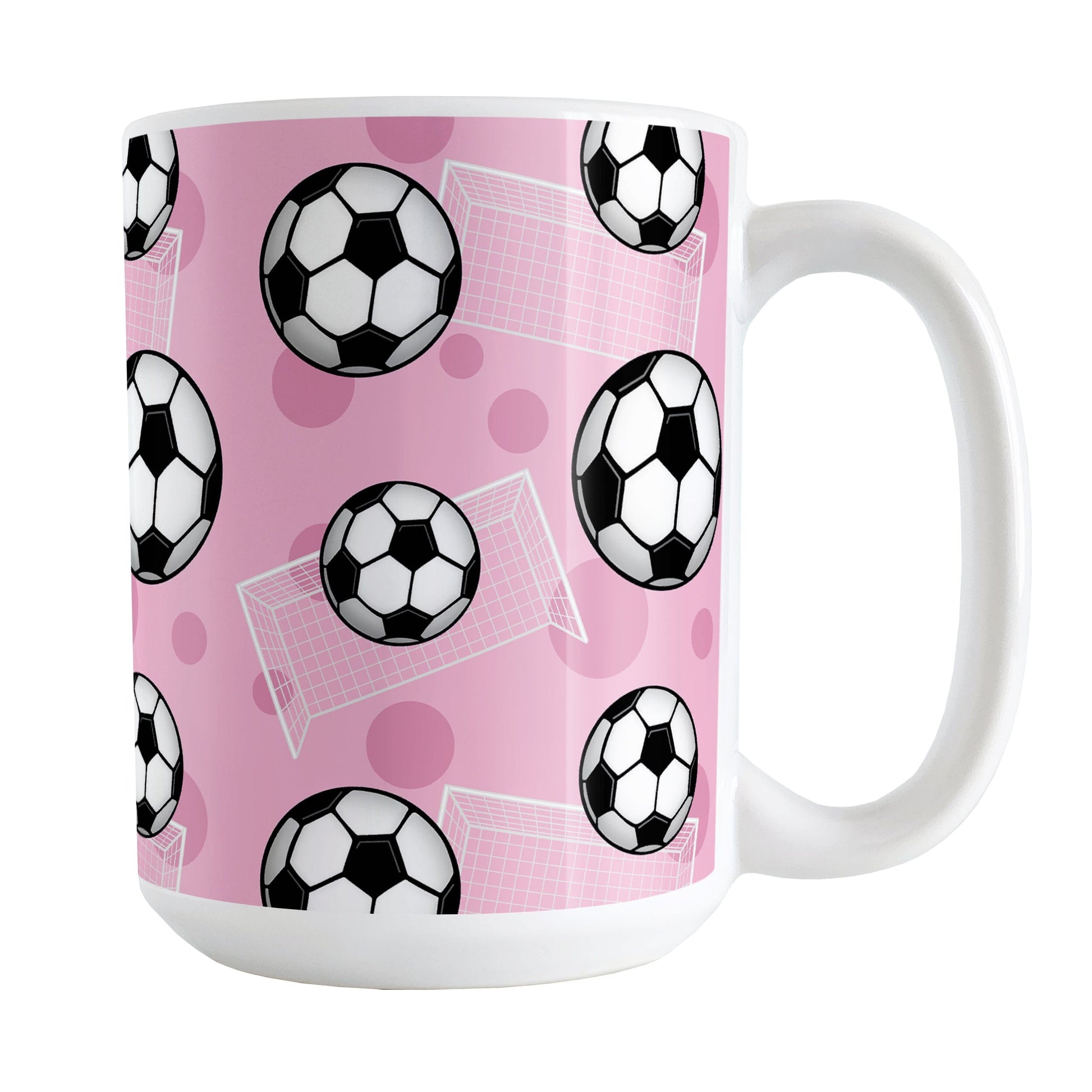 Soccer Ball and Goal Pattern Pink Mug (15oz) at Amy's Coffee Mugs. A ceramic coffee mug designed with a pattern of soccer balls and white soccer goals over a pink background with pink circles.