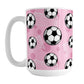 Soccer Ball and Goal Pattern Pink Mug (15oz) at Amy's Coffee Mugs. A ceramic coffee mug designed with a pattern of soccer balls and white soccer goals over a pink background with pink circles.