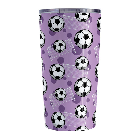 Soccer Ball and Goal Pattern Purple Tumbler Cup (20oz, stainless steel insulated) at Amy's Coffee Mugs. A tumbler cup designed with soccer balls and soccer goals over a purple background color in a pattern that wraps around the cup.