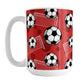 Soccer Ball and Goal Pattern Red Mug (15oz) at Amy's Coffee Mugs. A ceramic coffee mug designed with a pattern of soccer balls and white soccer goals over a red background with red circles.