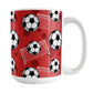 Soccer Ball and Goal Pattern Red Mug (15oz) at Amy's Coffee Mugs. A ceramic coffee mug designed with a pattern of soccer balls and white soccer goals over a red background with red circles.