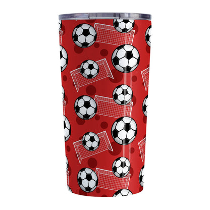 Soccer Ball and Goal Pattern Red Tumbler Cup (20oz) at Amy's Coffee Mugs. A stainless steel insulated tumbler cup designed with a pattern of soccer balls and goals over a red background that wraps around the cup. This red soccer tumbler cup is perfect for people who love or play soccer.