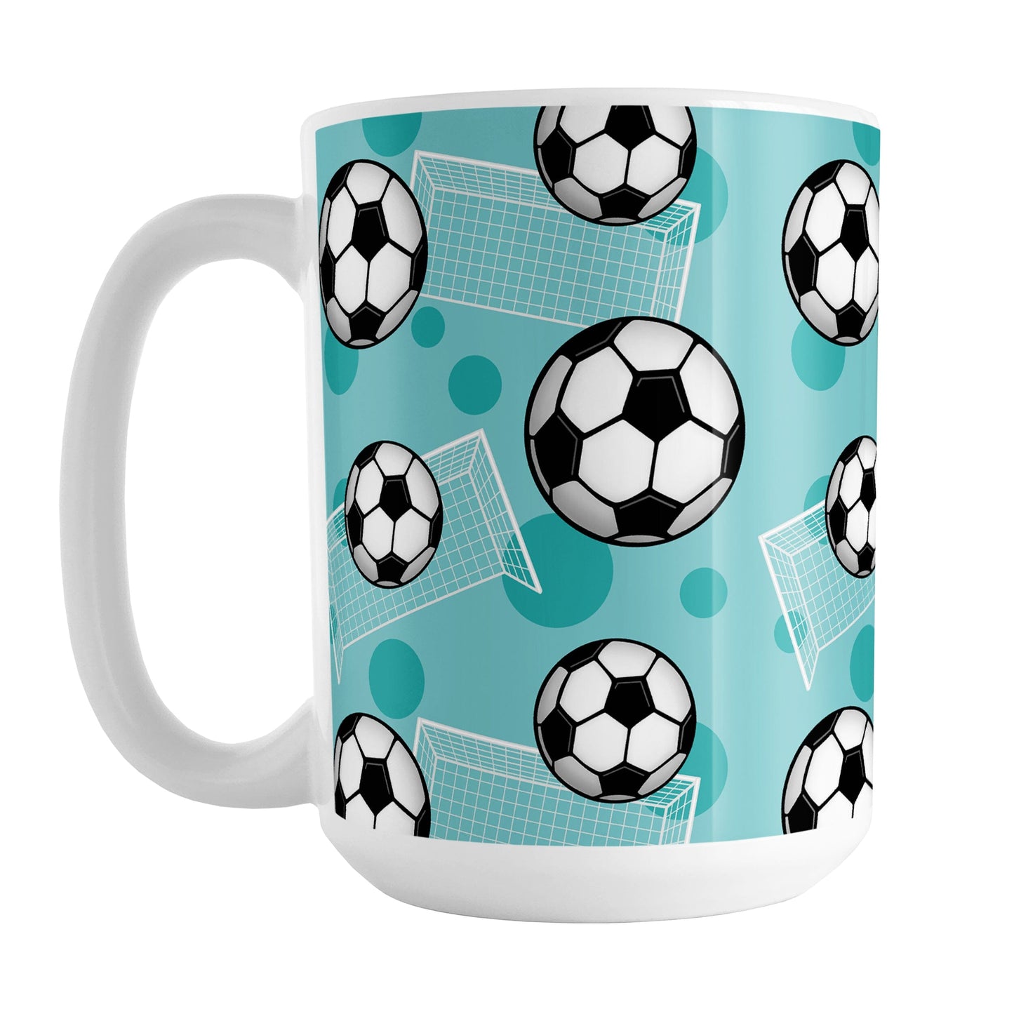 Soccer Ball and Goal Pattern Teal Mug (15oz) at Amy's Coffee Mugs. A ceramic coffee mug designed with a pattern of soccer balls and white soccer goals over a teal background with darker teal circles.