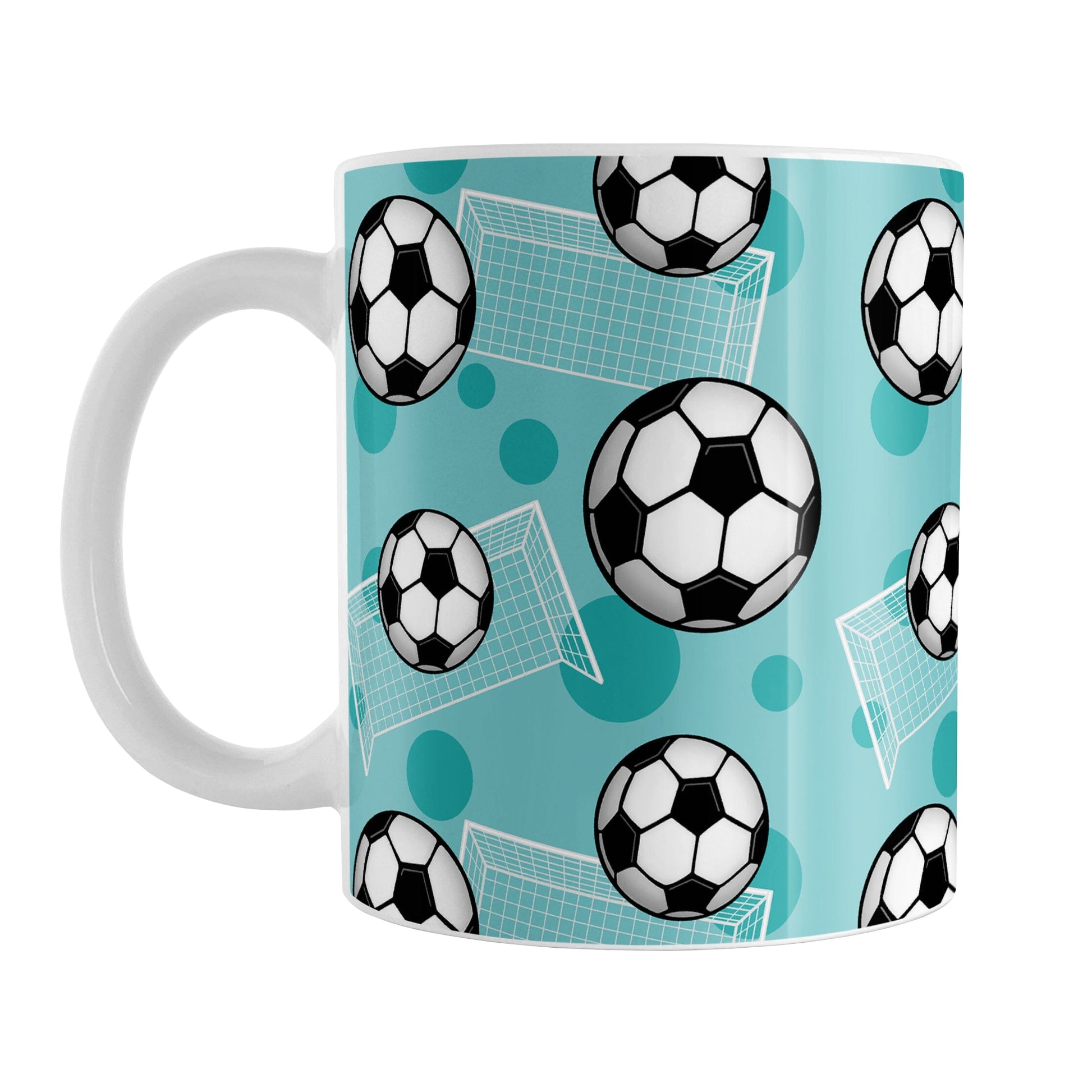 Soccer Ball and Goal Pattern Teal Mug (11oz) at Amy's Coffee Mugs. A ceramic coffee mug designed with a pattern of soccer balls and white soccer goals over a teal background with darker teal circles.
