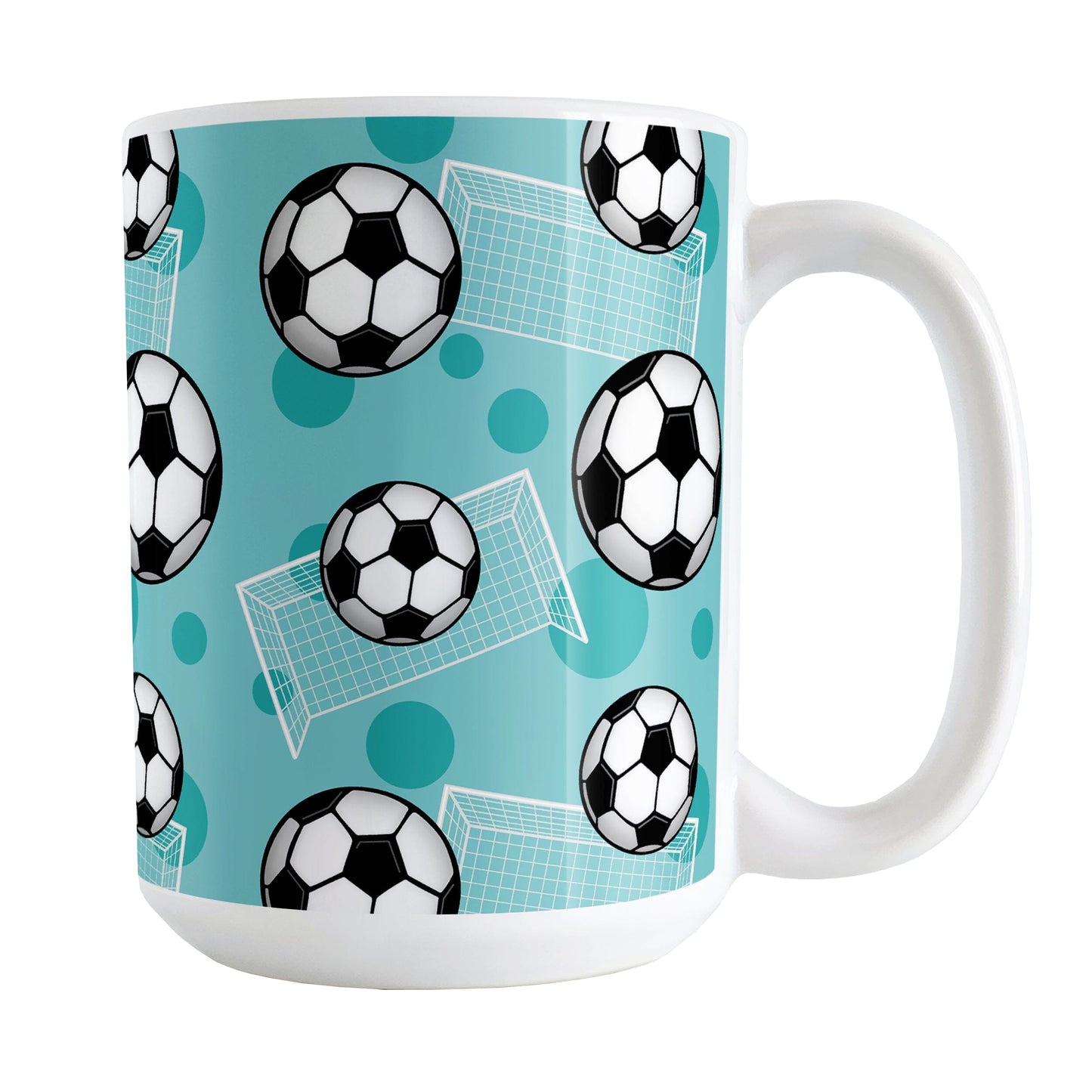 Soccer Ball and Goal Pattern Teal Mug (15oz) at Amy's Coffee Mugs. A ceramic coffee mug designed with a pattern of soccer balls and white soccer goals over a teal background with darker teal circles.