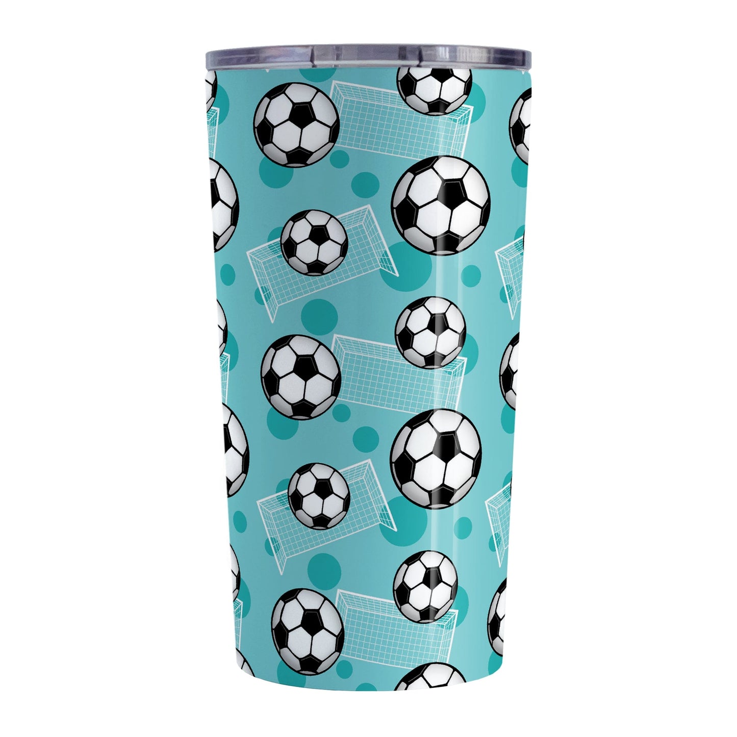 Soccer Ball and Goal Pattern Teal Tumbler Cup (20oz) at Amy's Coffee Mugs. A stainless steel insulated tumbler cup designed with a pattern of soccer balls and goals over a teal background that wraps around the cup. This teal soccer tumbler cup is perfect for people who love or play soccer.