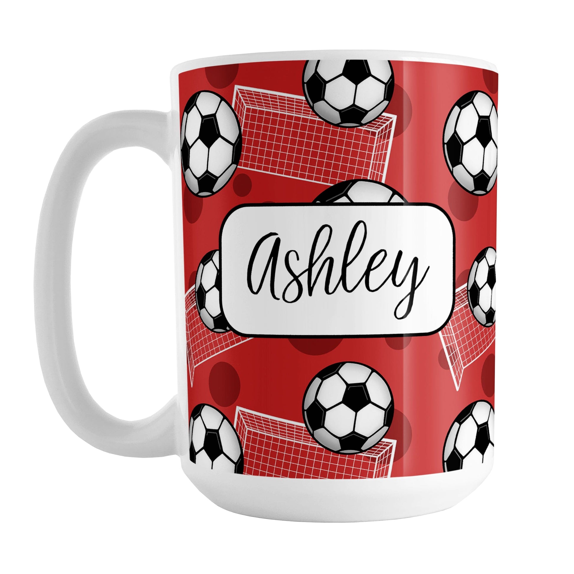Soccer Ball and Goal Personalized Red Soccer Mug (15oz) at Amy's Coffee Mugs. A ceramic coffee mug designed with a pattern of soccer balls and white soccer goals over a red background with red circles. Your personalized name is custom-printed in a fun black script font on both sides of the mug over the soccer pattern. 