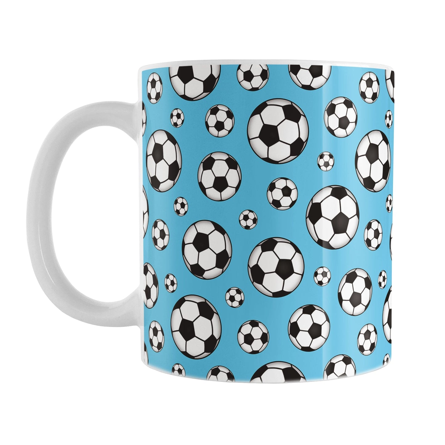 11oz white ceramic coffee mug with a pattern of soccer balls on a blue background