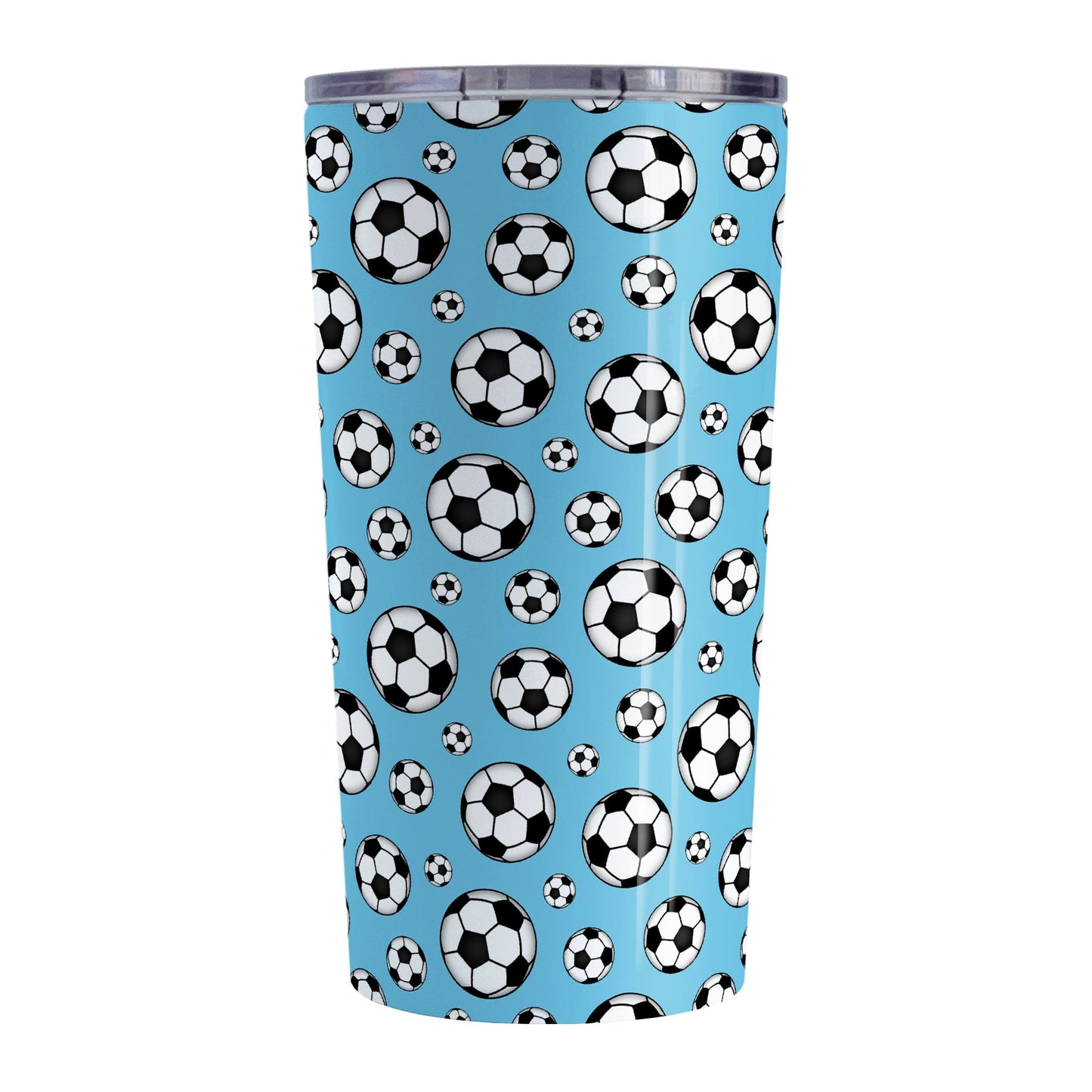 20oz Soccer Balls on Blue Tumbler Cup at Amy's Coffee Mugs