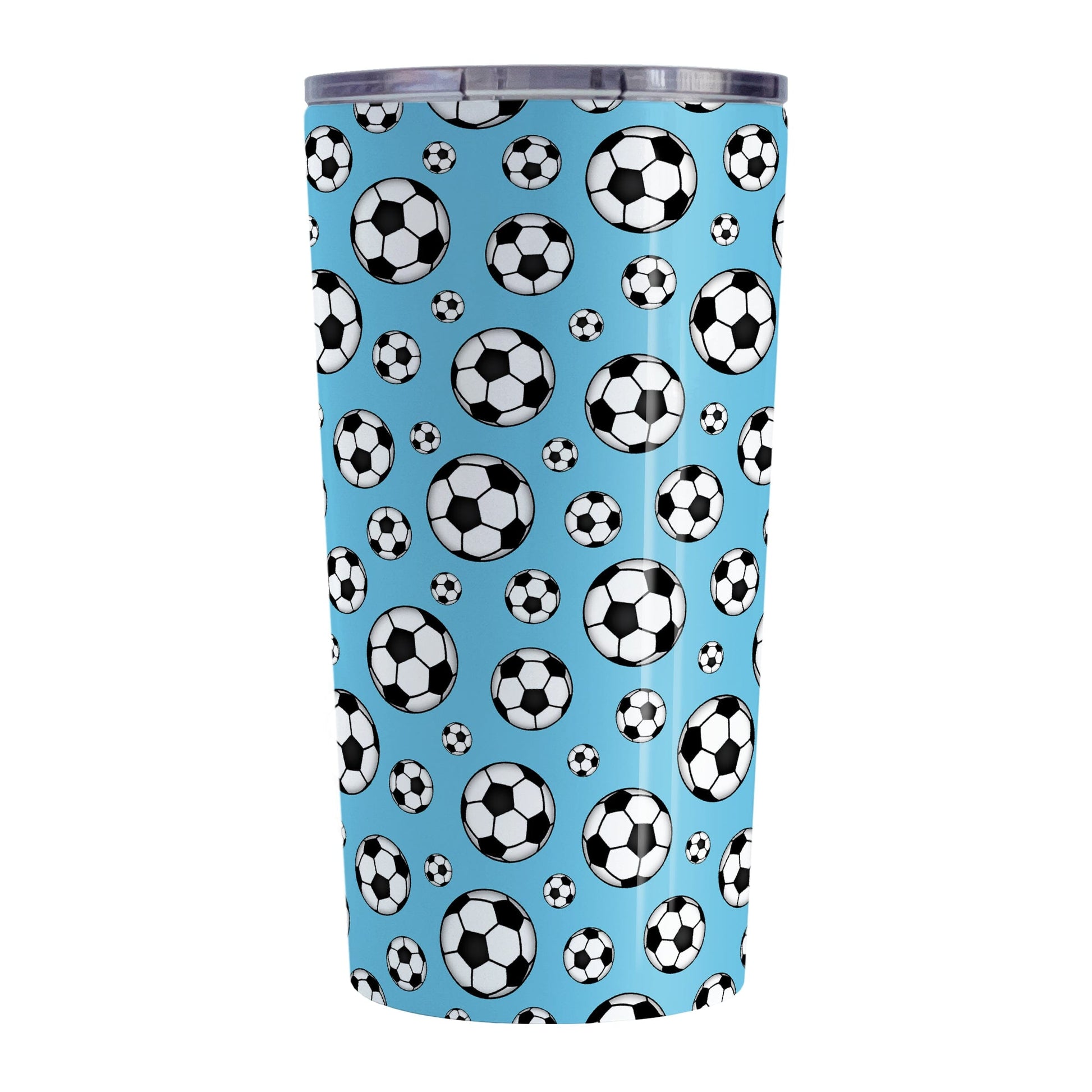 20oz Soccer Balls on Blue Tumbler Cup at Amy's Coffee Mugs