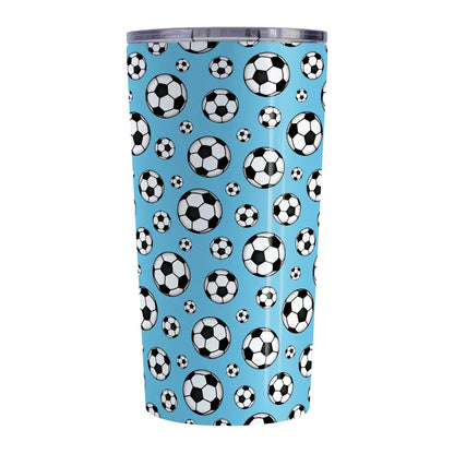 20oz Soccer Balls on Blue Tumbler Cup at Amy's Coffee Mugs