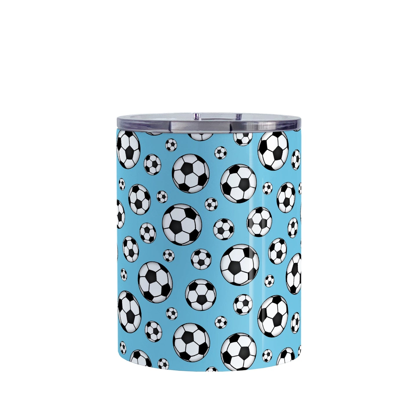 10oz Soccer Balls on Blue Tumbler Cup at Amy's Coffee Mugs