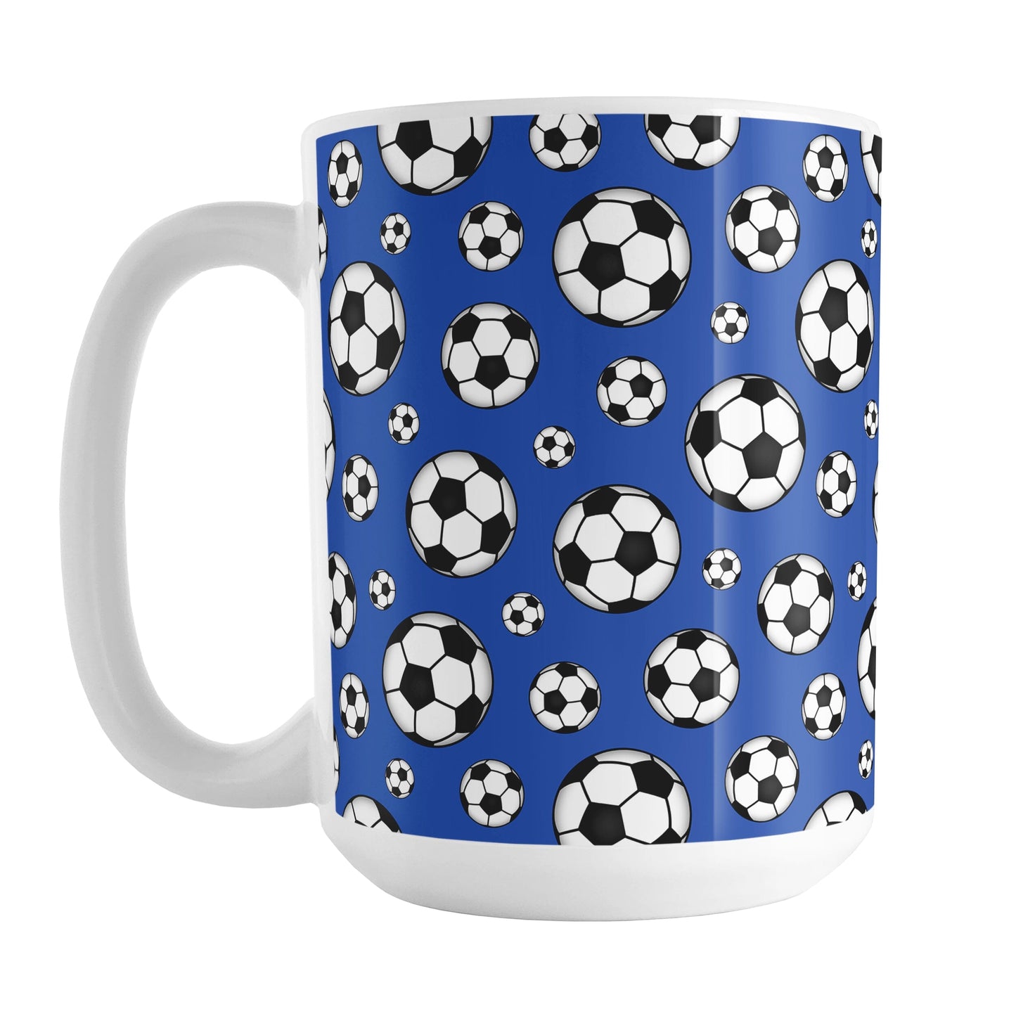 15oz white ceramic mug with a design of soccer balls over dark blue