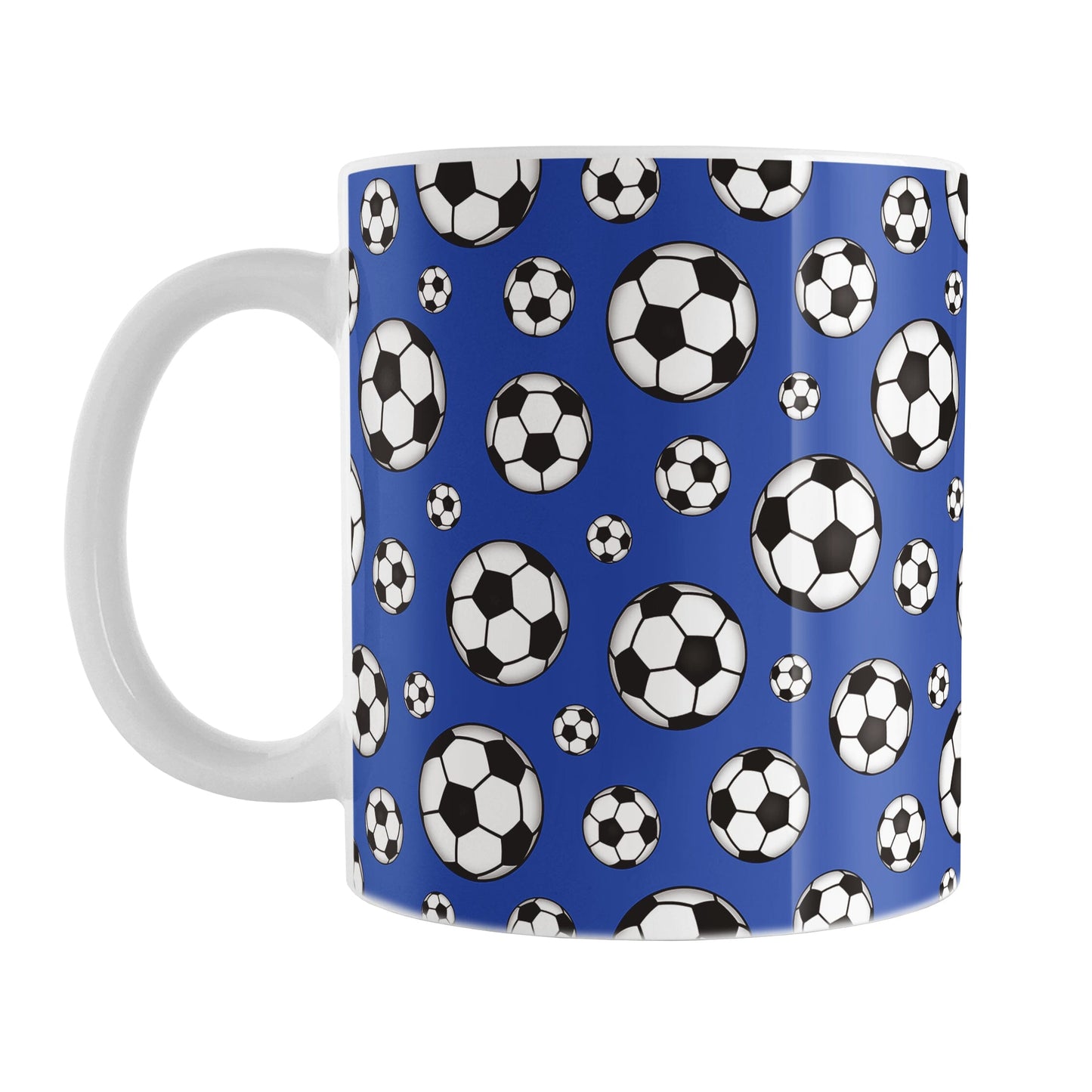 11oz white ceramic mug with a design of soccer balls over dark blue