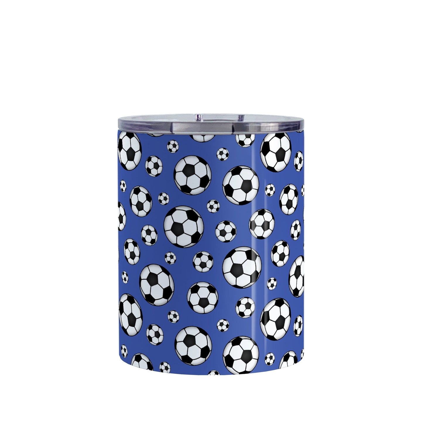 10oz Soccer Balls on Dark Blue Tumbler Cup at Amy's Coffee Mugs